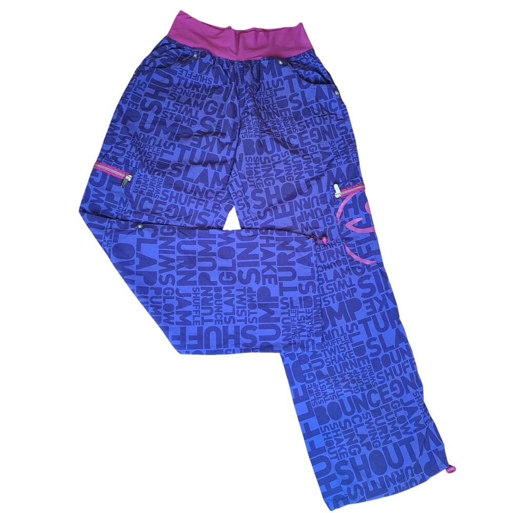​RARE Discontinued Zumba Fitness Word Print Cargo Pants XL Blue Pink Logo Y2K